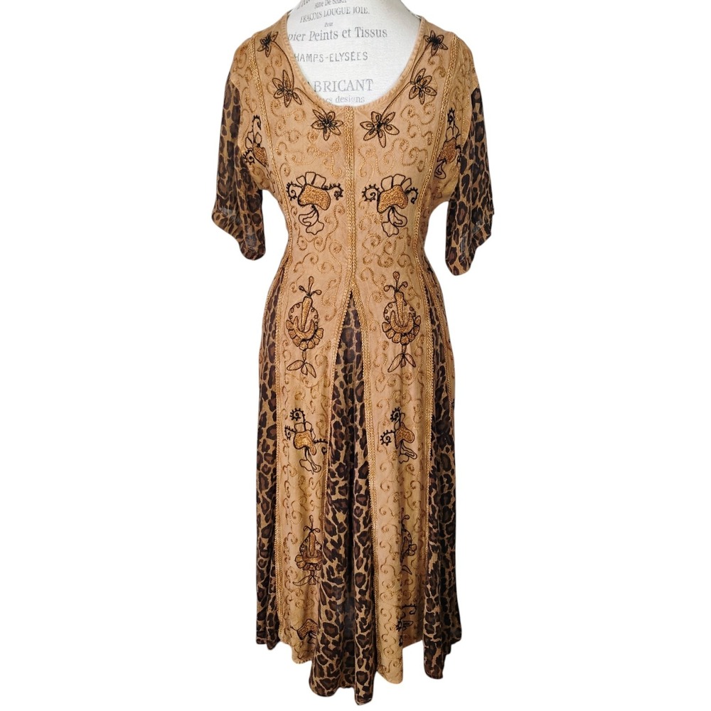 Vintage MPH Embroidered Maxi Dress Womens XL Brown Leopard Patchwork Boho Hippie